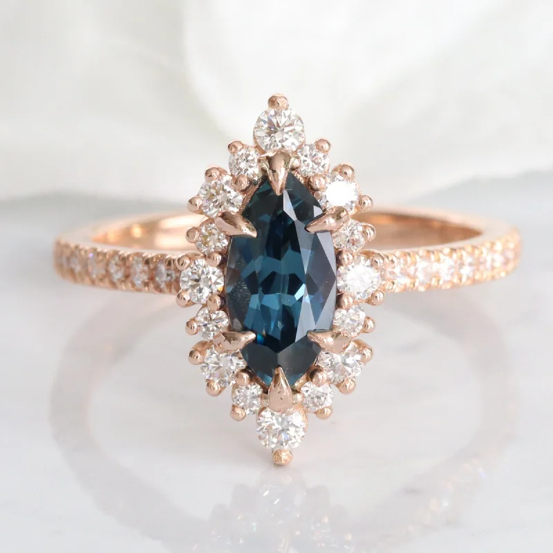 1.72 Ct Marquise Teal Blue Sapphire Ring in 14k Rose Gold Tiara Halo Diamond Size 6.75