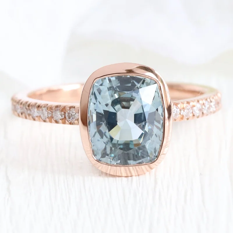 3.16 Ct Cushion Aqua Blue Sapphire Ring in 14k Rose Gold Bezel Pave Diamond, Size 6.25