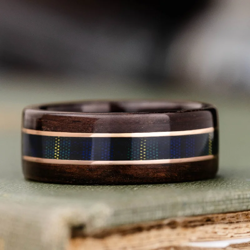 (In-Stock) The Gordon Clan Tartan | Men's Rosewood Wedding Band with Tartan & Dual 14k Rose Gold Inlay - Size 10.5 | 9mm Wide