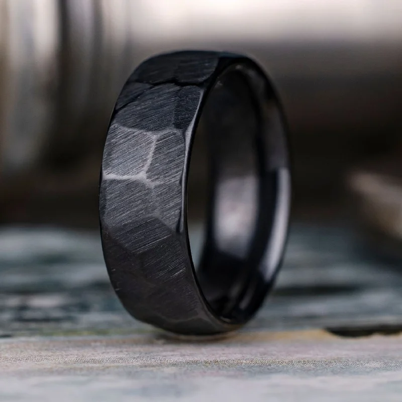 (In-Stock) The Apollo Noir | Men's Hammered Black Titanium Wedding Band - Size 10 | 8mm Wide