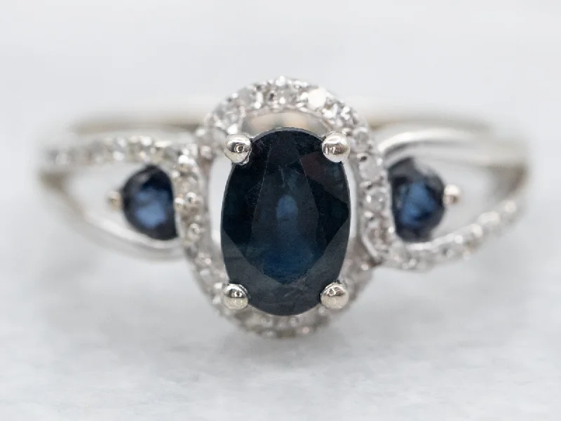 halo engagement rings for women -Modern Three Stone Sapphire Engagement Ring