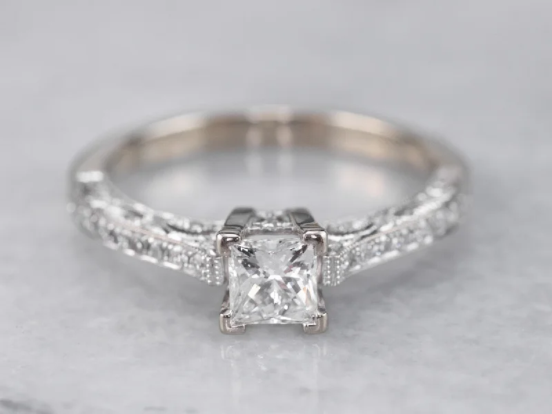 white gold engagement rings -Modern 18K Gold Princess Cut Diamond Engagement Ring