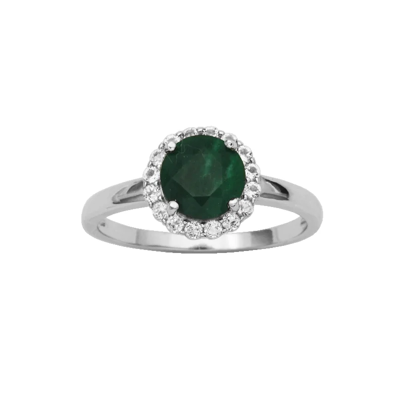 Sterling Silver Dyed Green Corundum & White Topaz Halo Ring by Samuel B.