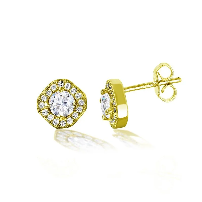 Gold Plated 925 Sterling Silver Round Halo Earrings - STE01040GP