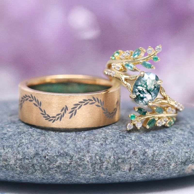 Moss Agate & Emerald Leaf Couples Ring Set