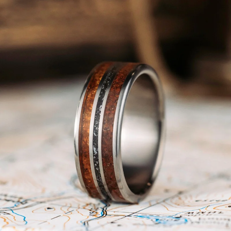 (In-Stock) The Jurassic | Men's Titanium Wedding Band with Dinosaur Bone, Meteorite & Fossilized Amber - Size 9.75 | 8mm Wide