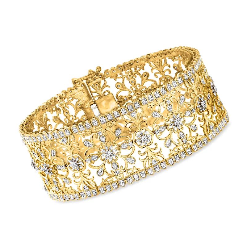 Ross-Simons Diamond Floral Filigree Bracelet in 18kt Gold Over Sterling