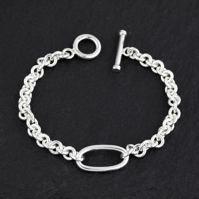 Sterling Silver Oval Pendant Chain Bracelet