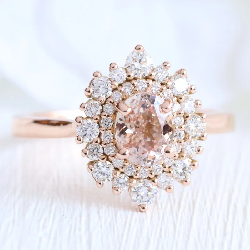 Oval Pinkish Peach Sapphire Ring in 14k Rose Gold Double Halo Diamond, Size 6.5