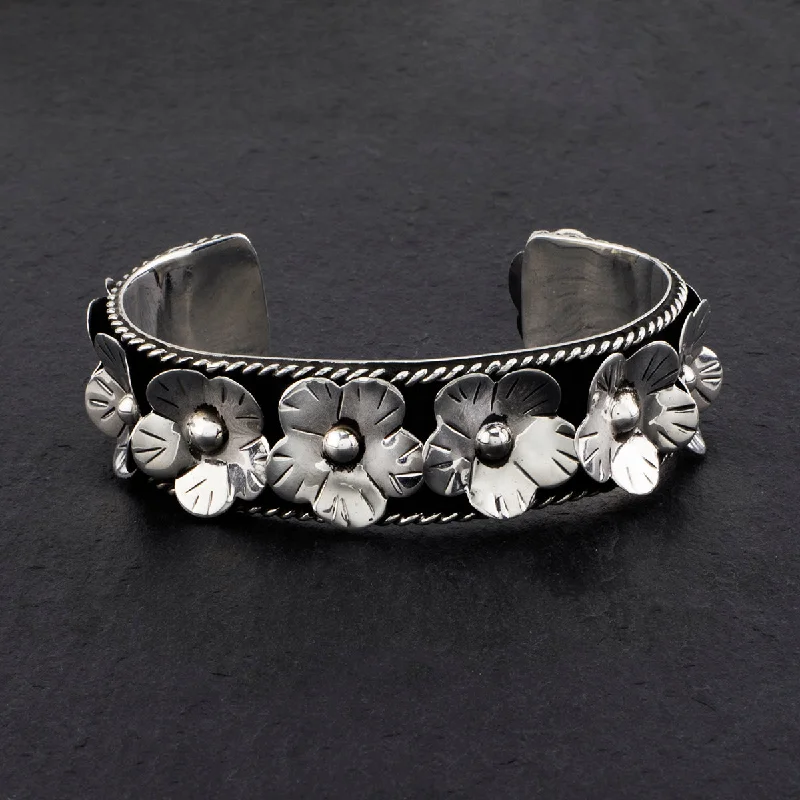 Chunky Mexican Silver Floral Cuff Bracelet