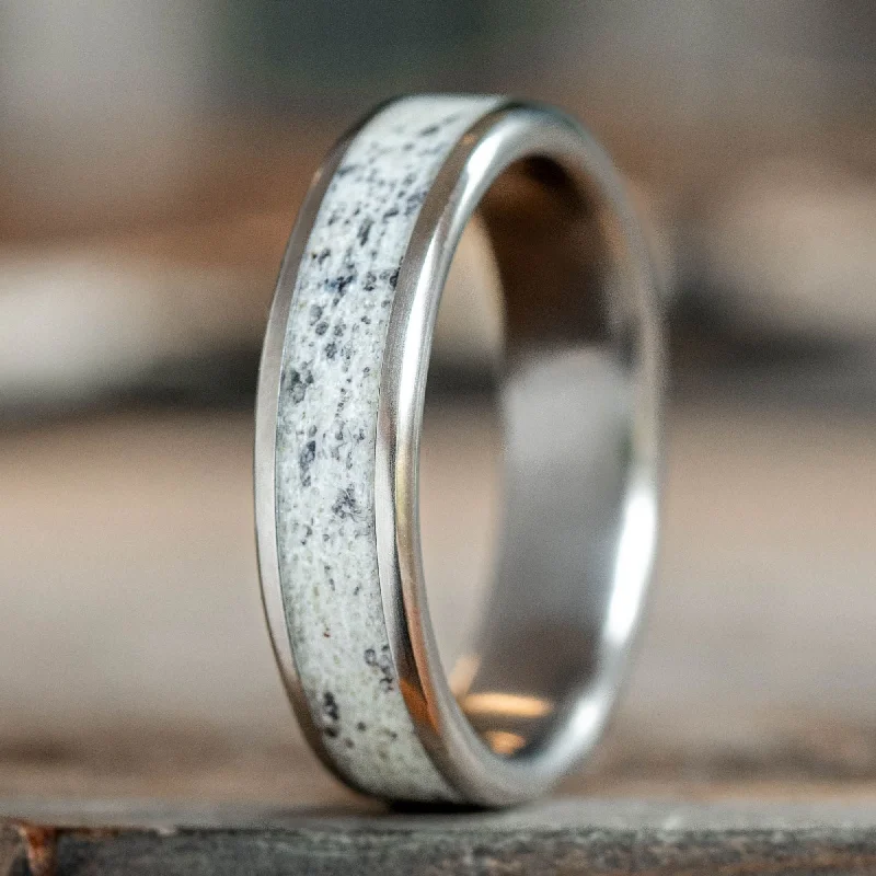 (In-Stock) Custom Men's Titanium Ring with Wide Channel Naturally Shed Elk Antler Wood - Size 10.75 | 6mm Wide