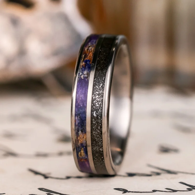 (In-Stock) Custom Men's Titanium Wedding Band with Meteorite Dust & Lavender Inlays - Size 8.25 | 6mm Wide