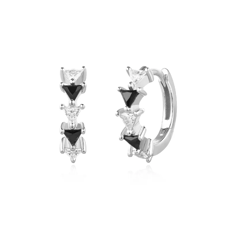 Silver Black & White Triangular Cubic Zirconia Huggies