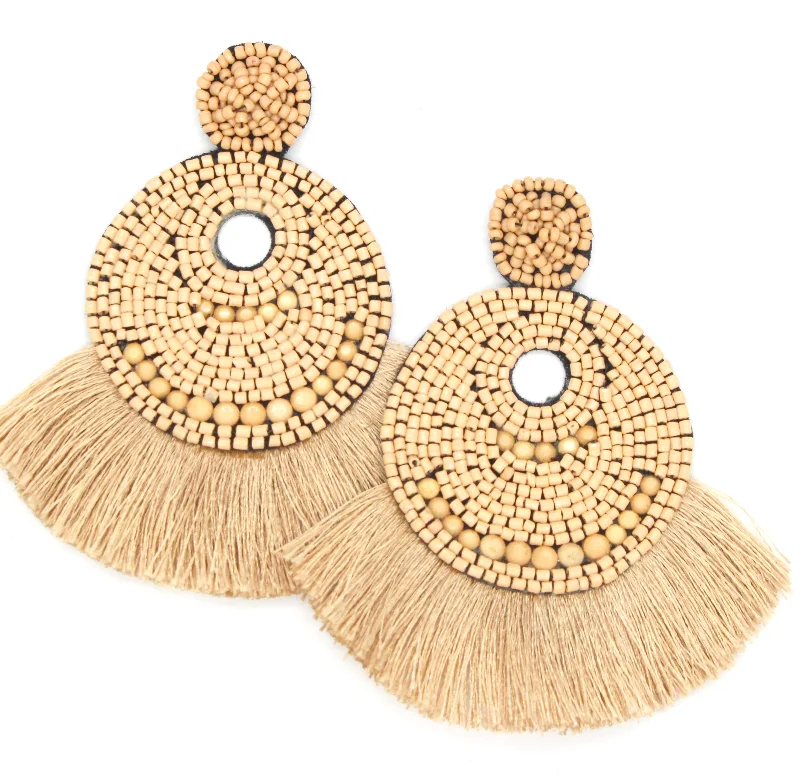 Josie Beaded Tassel Earrings- Beige