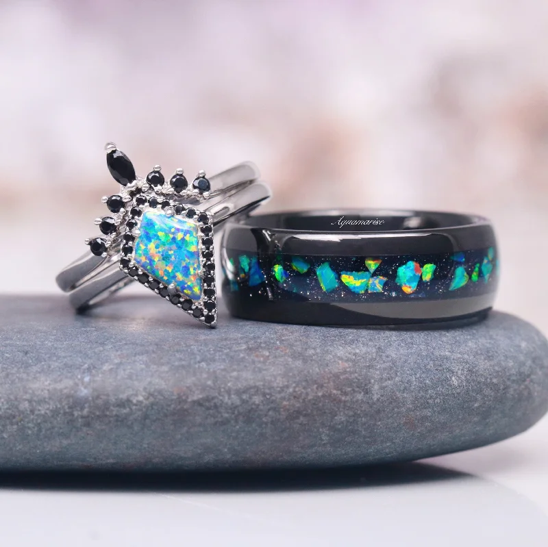 Galaxy Fire Opal & Starry Night Couples Ring