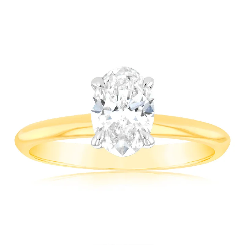 women’s stackable engagement rings -Luminesce Lab Grown 1 Carat Certified Oval Engagement Ring in 18ct Yellow Gold