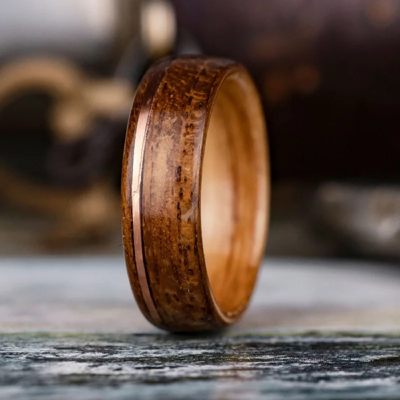 (In-Stock) Custom USS NC Teak Wood Ring with Natural Whiskey Barrel Liner & Offset Copper Inlay - size 9.75 | 7mm Wide