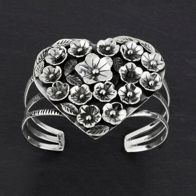 Taxco Silver Heart Shaped Floral Cuff Bracelet