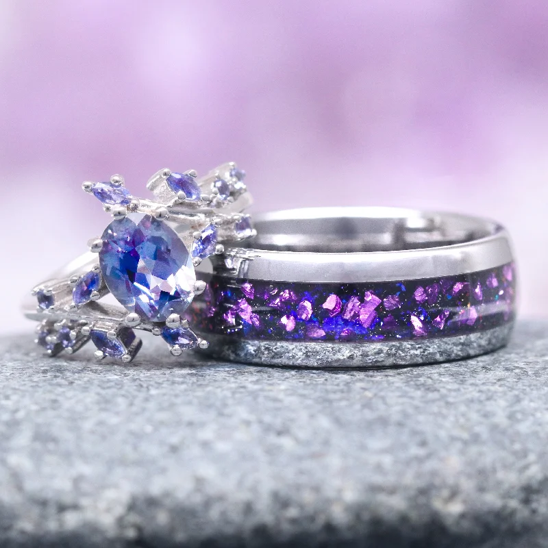 Alexandrite & Starry Night Leaf Couples Ring