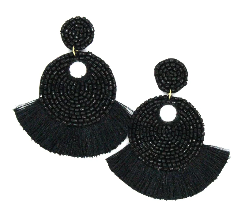 Mini Josie Beaded Tassel Earrings- Black