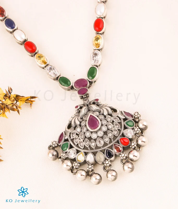 women’s engagement pendant necklaces -The Nishta Silver Navratna Peacock Necklace (Oxidised)