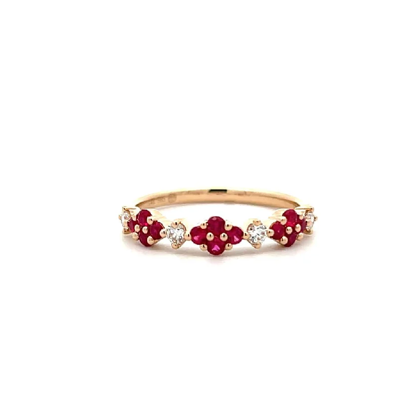 14K Yellow Gold 0.51ctw Round Ruby & Diamond Floral Ring