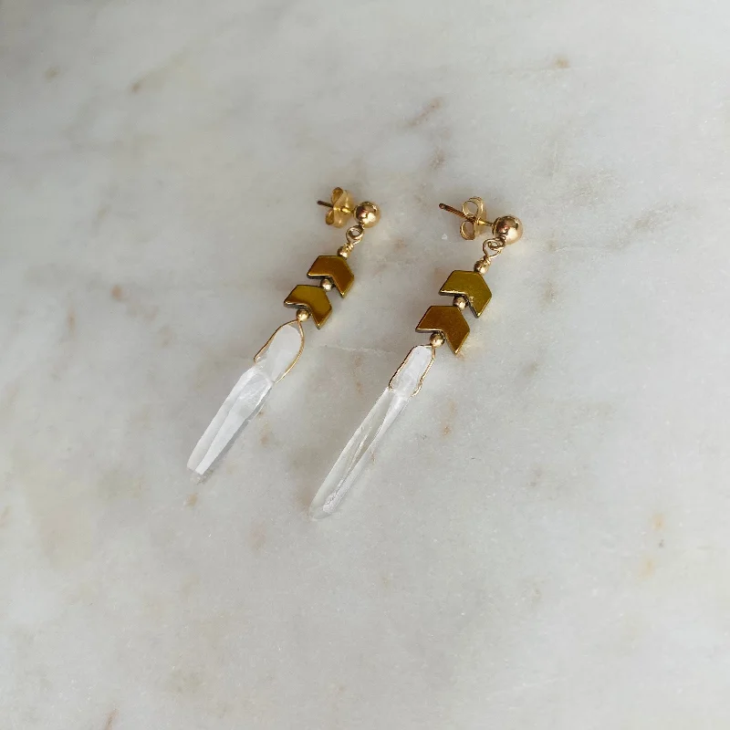 Quartz Crystal and Gold Chevron Earrings