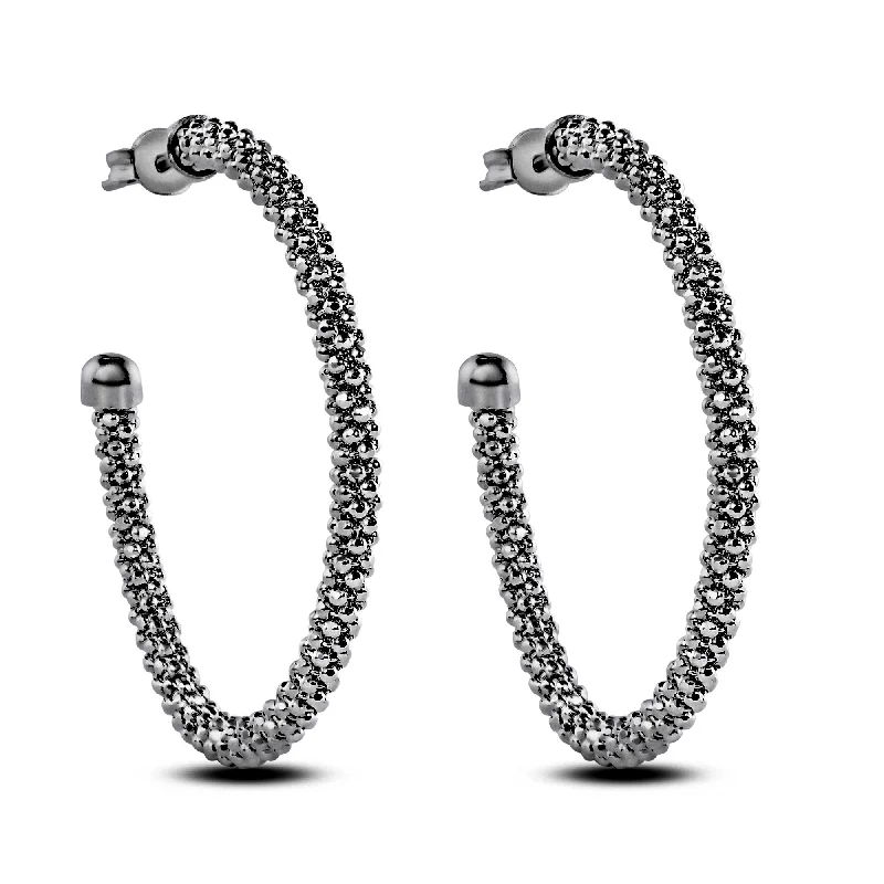 Sterling 925 Sterling Silver Blk Rhodium Plated Beaded Semi Hoop Earrings - ITE00045BLK