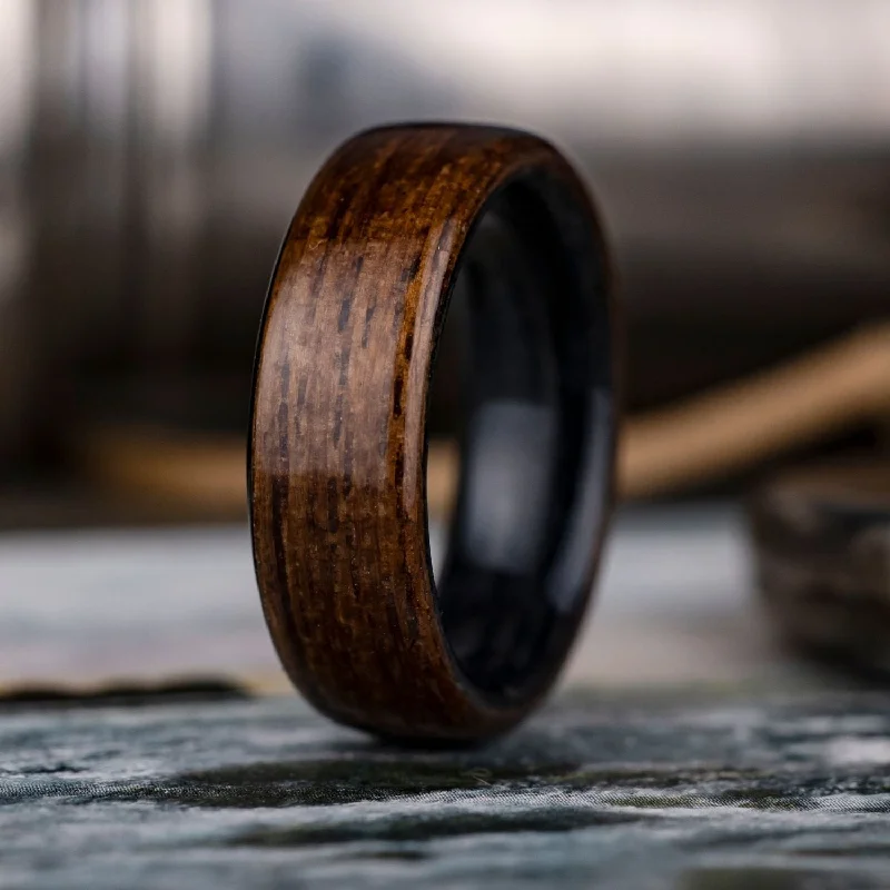 (In-Stock) Custom USS New Jersey Teak Wood Wedding Band with Weathered Whiskey Barrel Liner - Size 10 | 7mm Wide