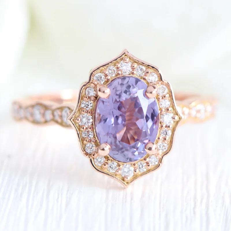 1.77 Ct Oval Lavender Sapphire Ring in 14k Rose Gold Vintage Floral Diamond, Size 5.75