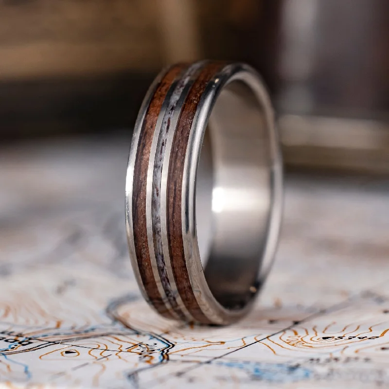 (In-Stock) The Stag | Men's Titanium Wedding Band with Walnut Wood & Elk Antler - Size 13 | 8mm Wide