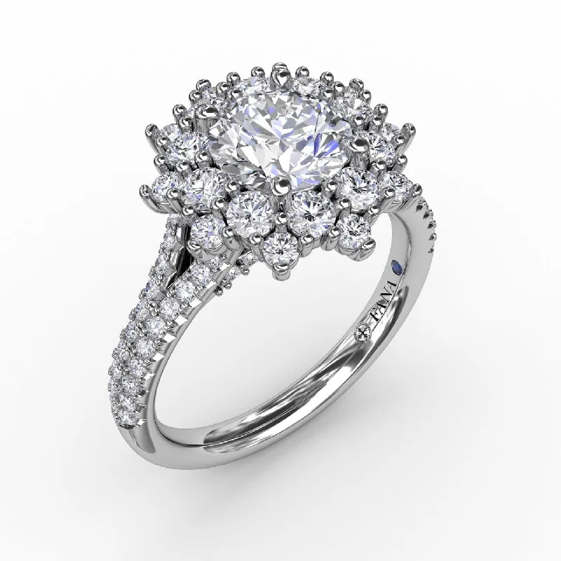 diamond wedding rings -Contemporary Floral Halo Engagement Ring With Double-Row Pavé Band