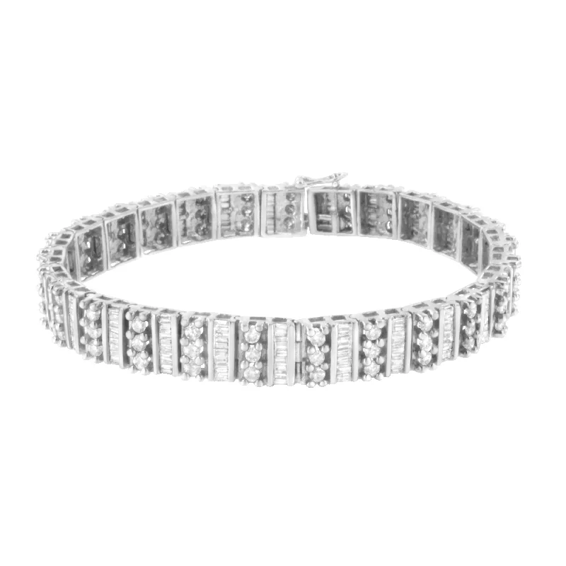 14K White Gold 4 7/8 cttw Baguette & Round Brilliant-Cut Diamond Channel- & Prong-Set Tennis Bracelet