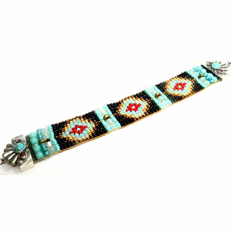 CHILI ROSE GEM TIP  DESERT  TURQUOISE -BLACK AND GOLD BEADED BRACELET