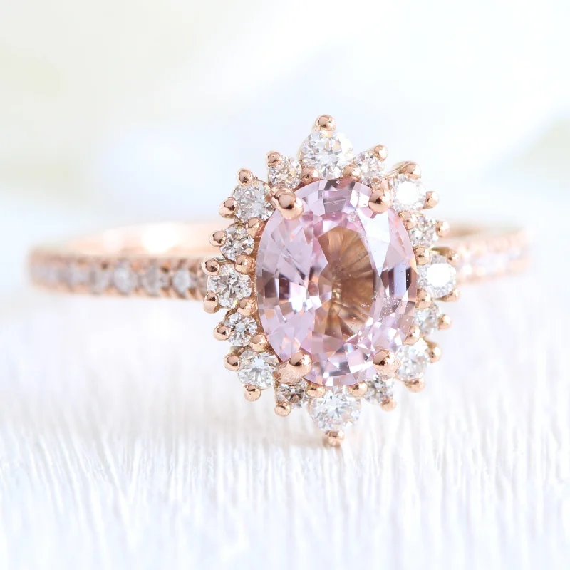 1.88 Ct Pastel Padparadscha Sapphire Ring in 14k Rose Gold Oval Halo Diamond, Size 6.25