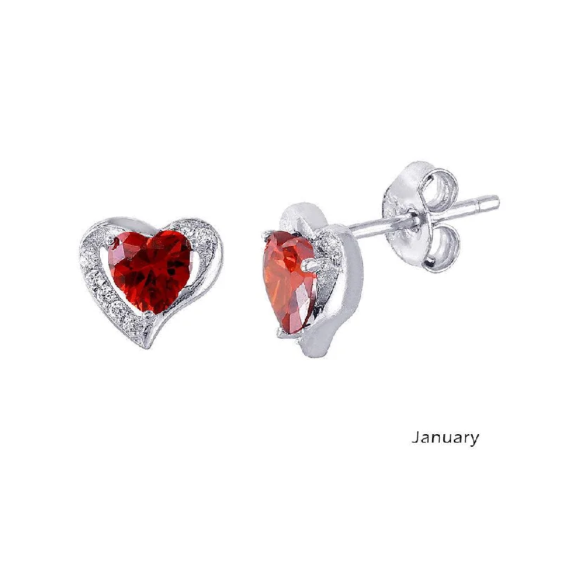 Rhodium Plated 925 Sterling Silver Heart with Birthstone Center Stud Earrings January - STE01028-JAN