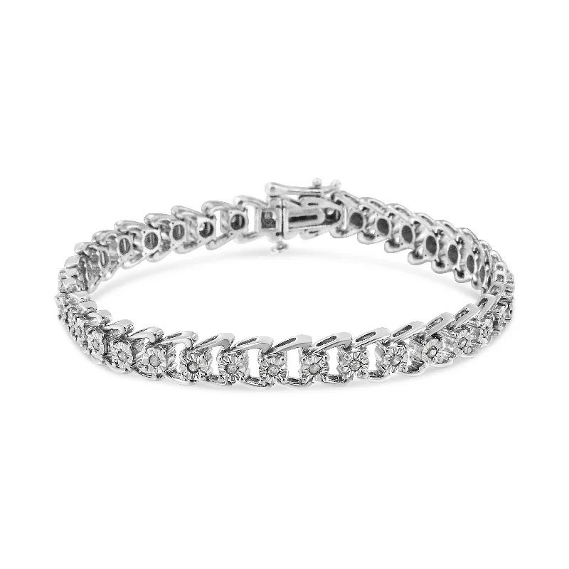 .925 Sterling Silver 1/2 Cttw Diamond Miracle-Set Double Swoosh Wave Style 7" Tennis Bracelet