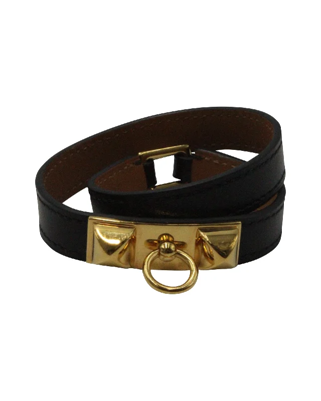 Hermès Rivale Gold Plated Double Tour Bracelet in Black Leather