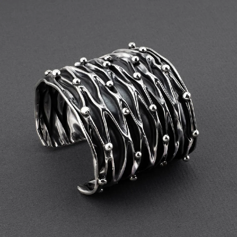 Extra Wide Mexican Silver Corrugated Beaded Cuff Bracelet