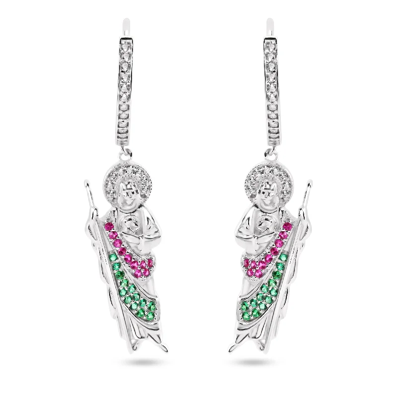 Sterling Silver Rhodium Plated Dangling St Jude Hoop Clear CZ Earrings - GME00153