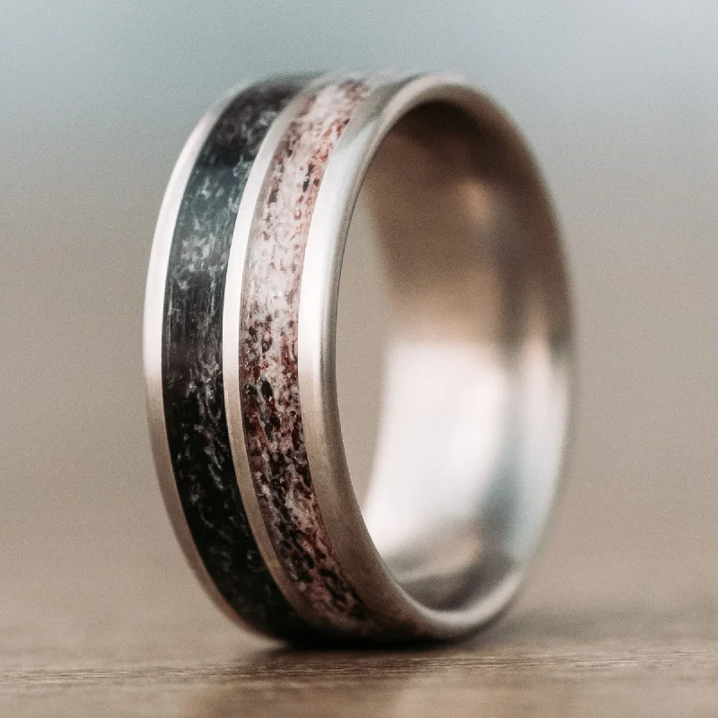 (In-Stock) Custom Titanium Wedding Band with Elk Antler & Weathered Elk Antler - Size 7.25 | 8mm Wide