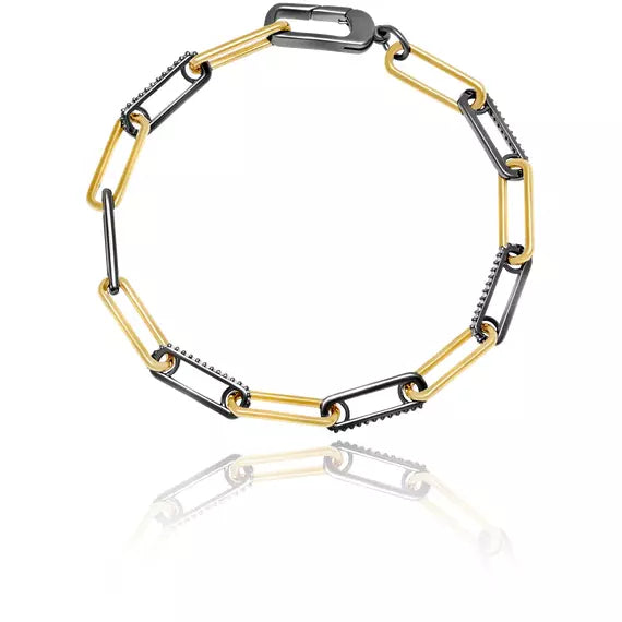 CRISLU Two-Tone Interlocking Pave Link Bracelet Finished in Black Rhodium and 18kt Gold-7 Inches