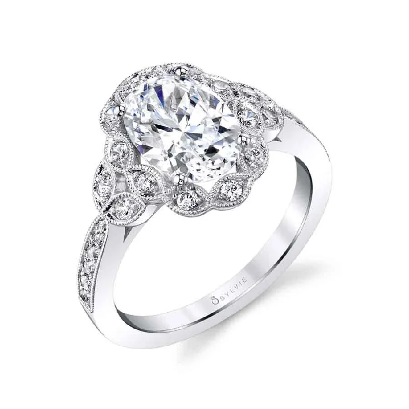 alternative engagement rings -Sylvie Collection 14K White Gold Oval Halo Engagement Ring Setting W. 1.50Ct Oval/Flower Halo 14K WG