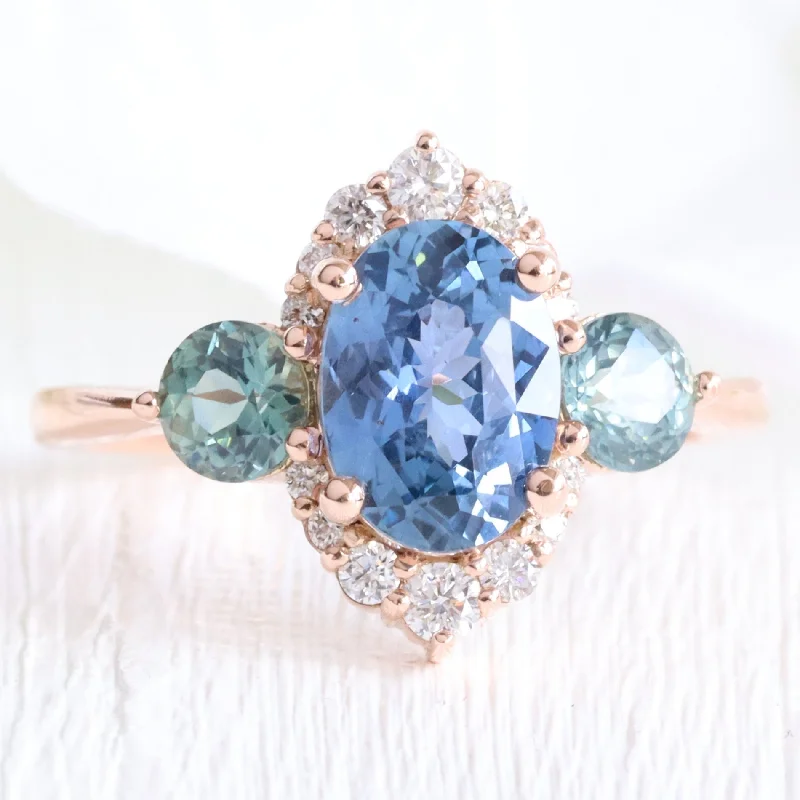 3.08 Ct Large Teal Blue Sapphire 3 Stone Ring in 14k Rose Gold Halo Diamond, Size 6.5