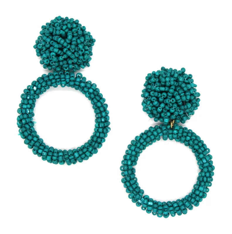 Jade Beaded Hoop Earrings- Teal