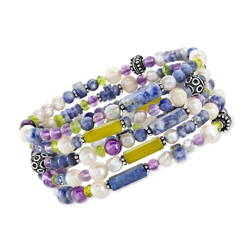 Ross-Simons Multi-Gemstone Jewelry Set: 5 Stretch Bracelets With Sterling Silver