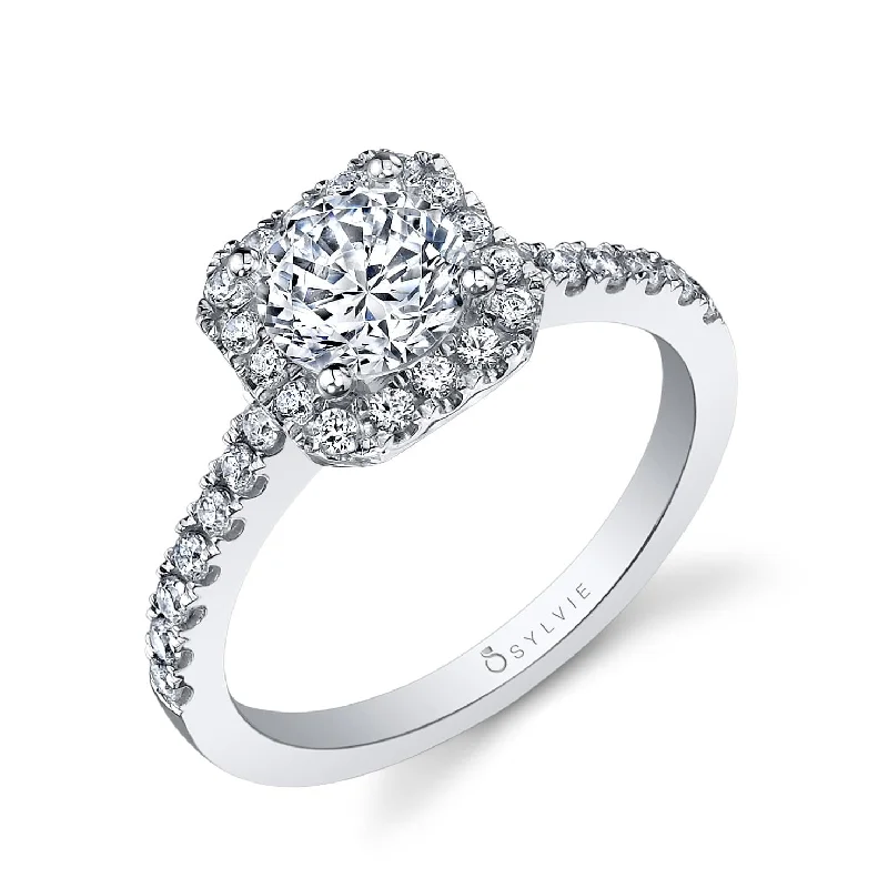 women’s engagement ring sets -Sylvie Collection 14K White Gold Cushion Halo Engagement Ring Setting .41tw