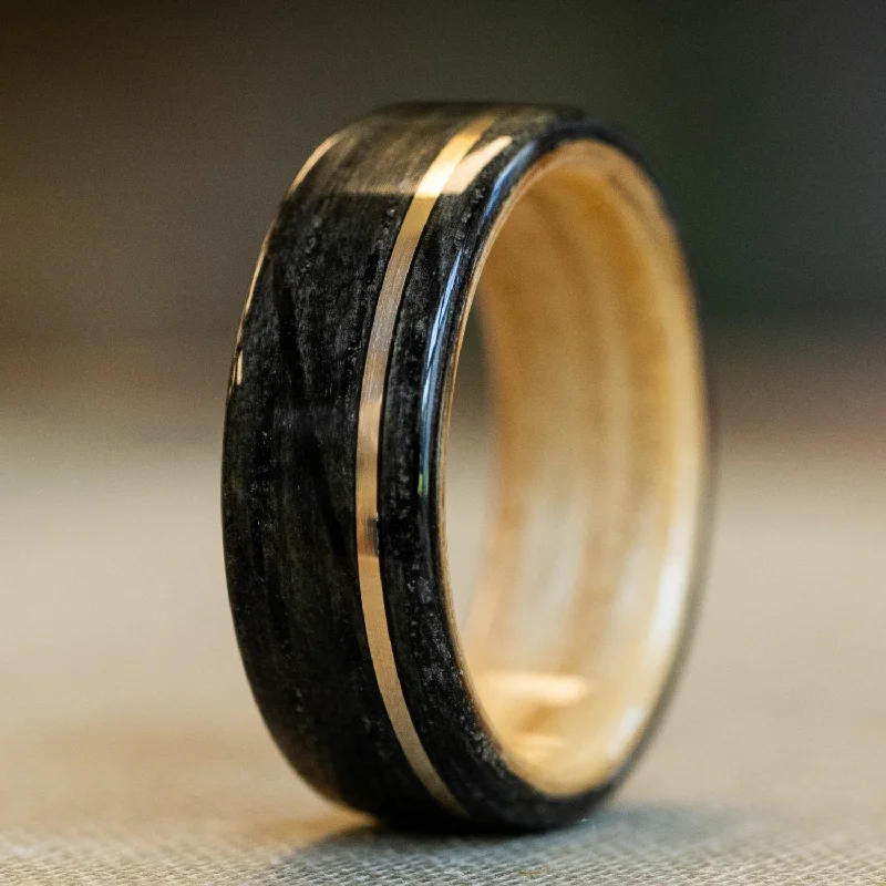 (In-Stock) Weathered Whiskey Barrel Ring, Natural Whiskey Barrel Liner & Offset Yellow Gold - Size 9.75 | 8mm Wide