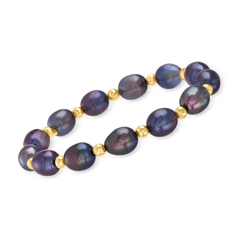 Ross-Simons 8-9mm Black Cultured Pearl and 14kt Yellow Gold Bead Stretch Bracelet