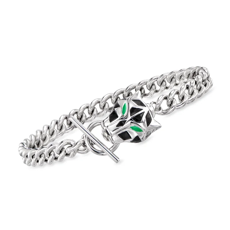 Ross-Simons Italian Black and Green Enamel Panther Head Toggle Bracelet in Sterling Silver